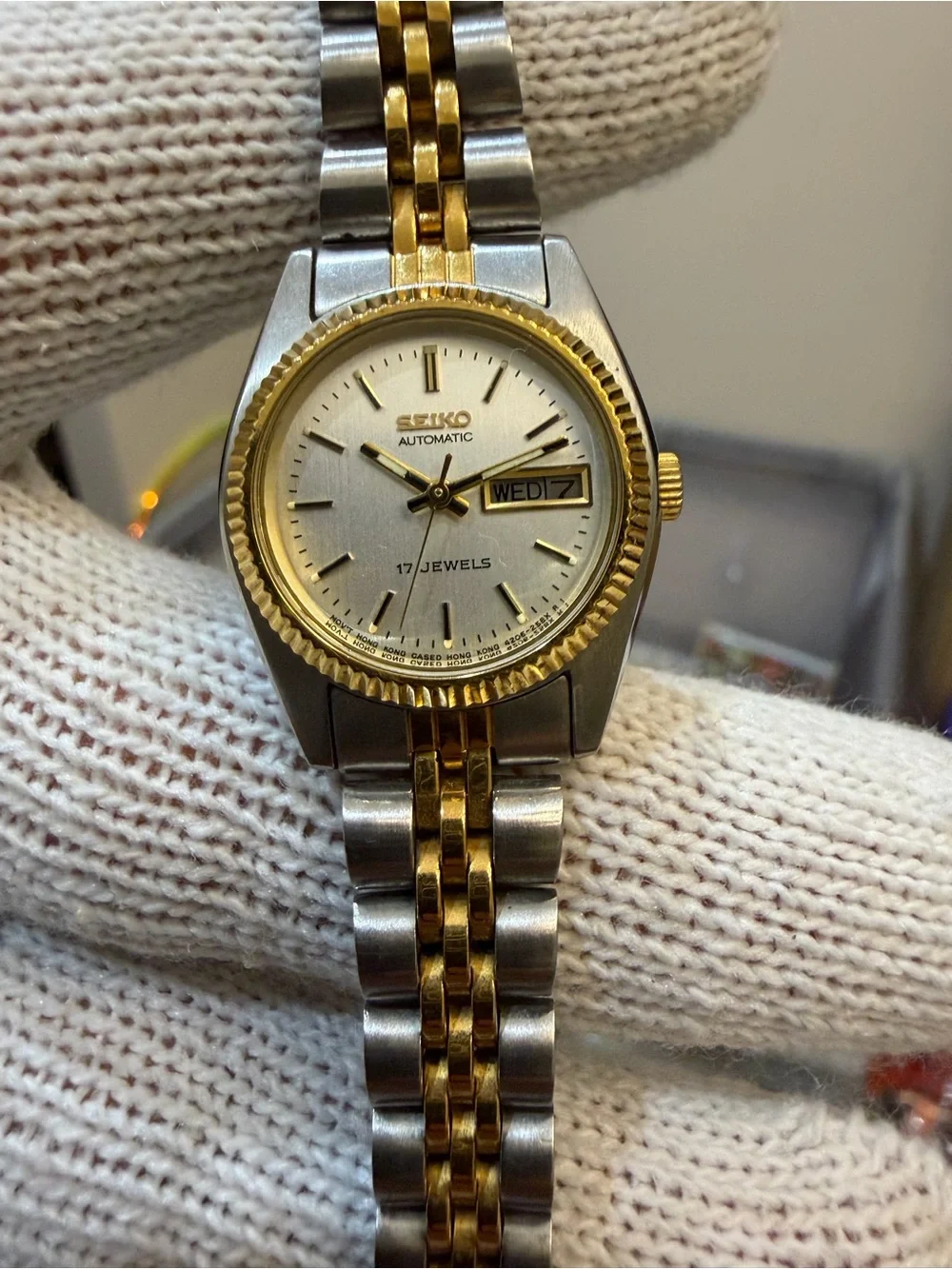 Vtg Seiko 4206-0519 Ladies Automatic Watch Two Tone Jubilee Day Date 17J Run